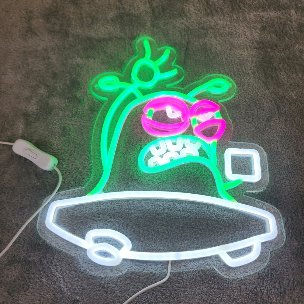 Custom LED‎ Neon Alien UFO Cartoon Sign Pink Green White Wall Art Light Deco